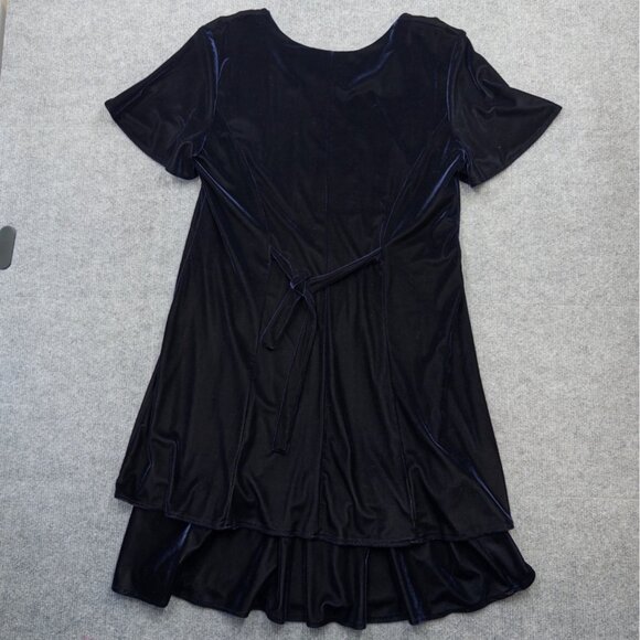 Vintage 90s Velvet Dress 16 Deep Blue Midi Tiered Flutter Sleeve Goth Holiday - Picture 4 of 8